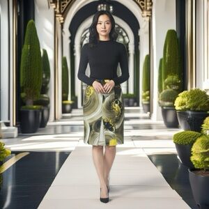 Versace Collection Yellow and Black Swirl Pencil Skirt